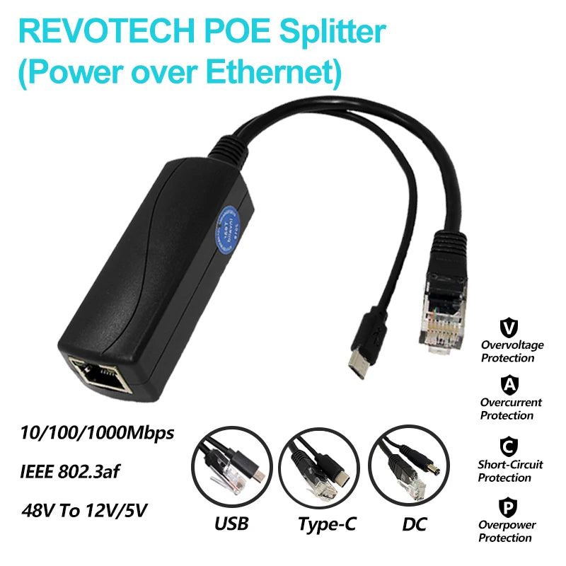 Revotech 2.5Gigabit PoE Splitter Micro USB/Type-C/DC IEEE 802.3af 1000/2500Mbps Power over Ethernet for IP Camera / Raspberry PI